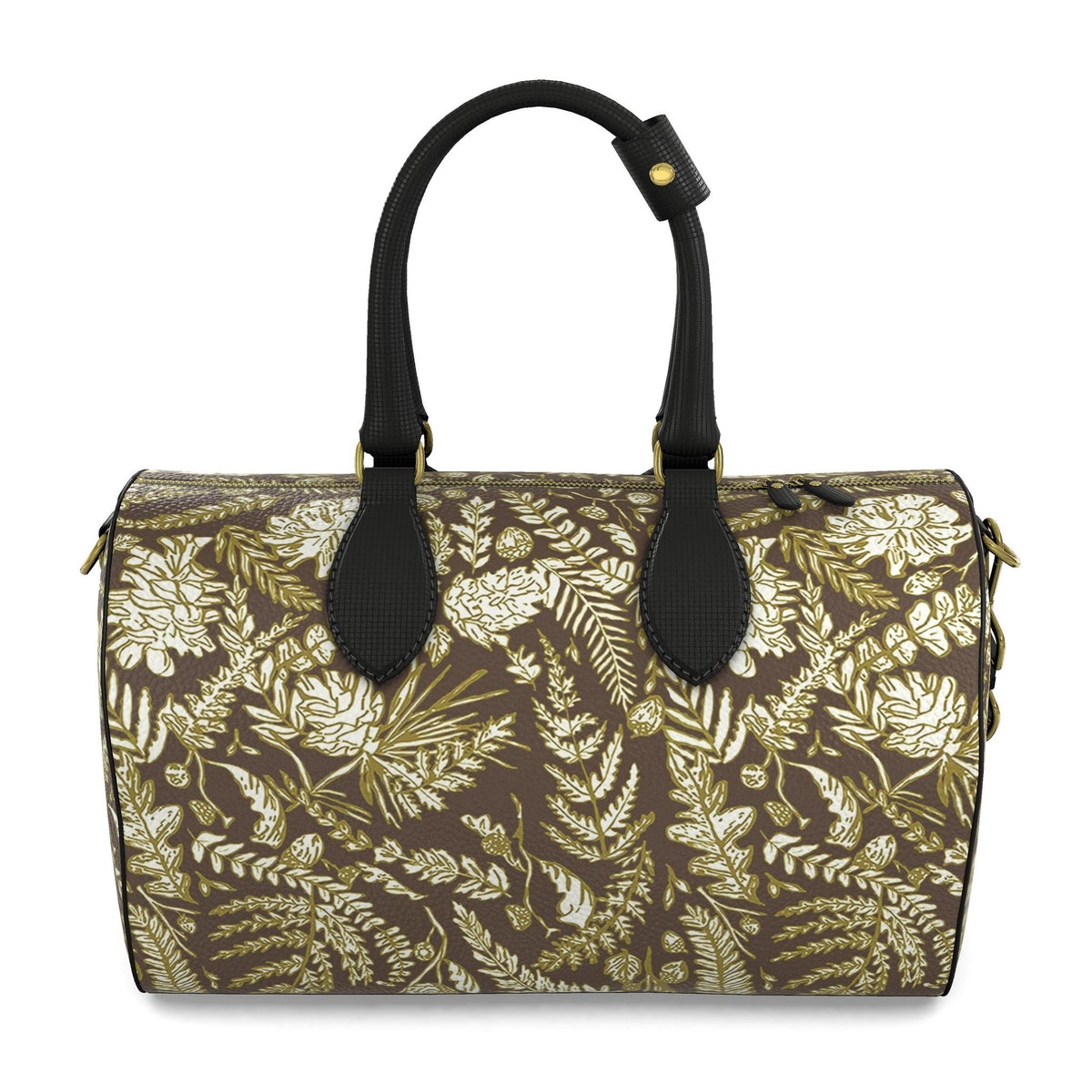 Averly Brown,  gold and ivory duffle bag