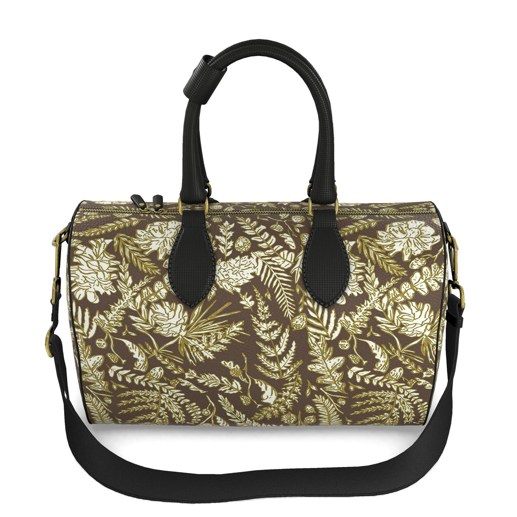 Averly Brown,  gold and ivory duffle bag
