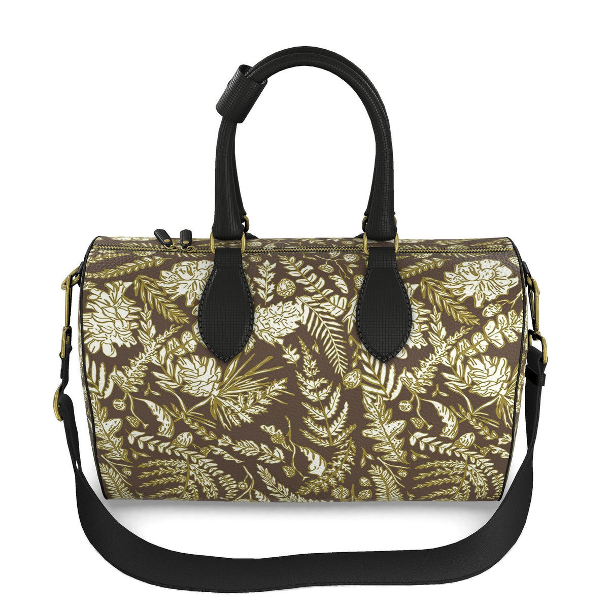 Averly Brown,  gold and ivory duffle bag